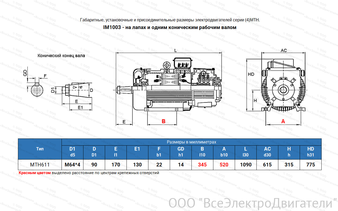 Электродвигатель крановый МТН 611-10, IM1003 (лапы)1840345