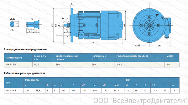 Электродвигатель MA71B-6 (0,25 кВт, 880 об/мин), без тормоза